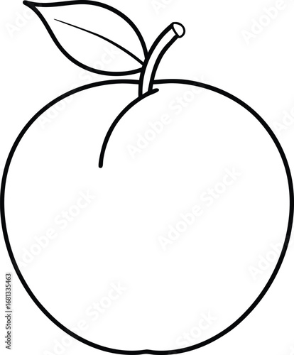 Vector art of simple line drawing of a peach with a leaf and stem, isolated on a, perfect for educational materials or design elements