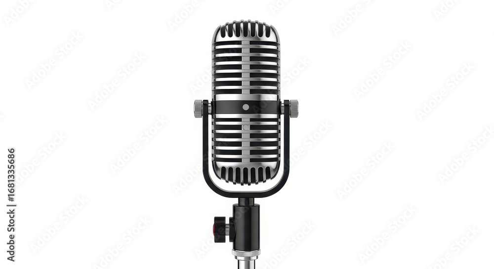 Fototapeta premium Vintage Silver Microphone on a Stand with White Background