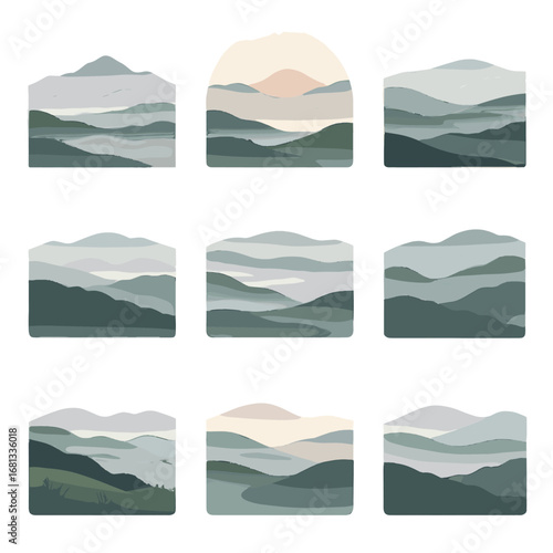 Sunrise slopes areas icon covering hilly valleys lines layers foggy hills vector