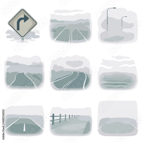 Vector covering fields road roadside haze over vapor icon ahead foggy mist