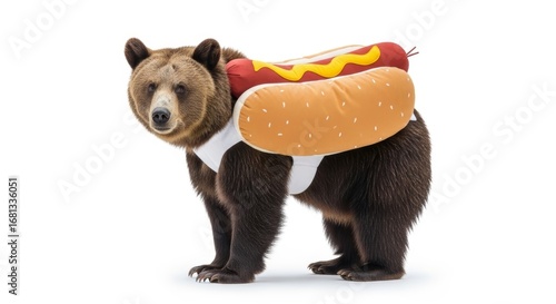 bear dressed as a hotdog, Halloween costume, wiener food costume