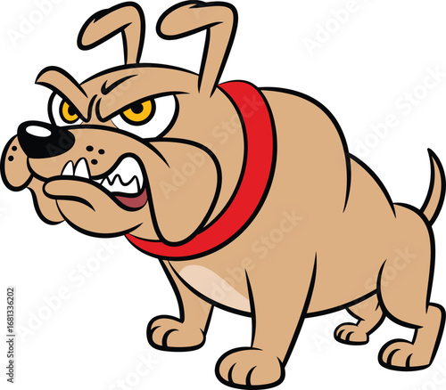 Bulldog, cartoon, vector, angry, aggressive, muscular, dog, mascot, illustration, fierce, animal, red collar, snarl, teeth, pet, character, tough, intimidating, barking, guard