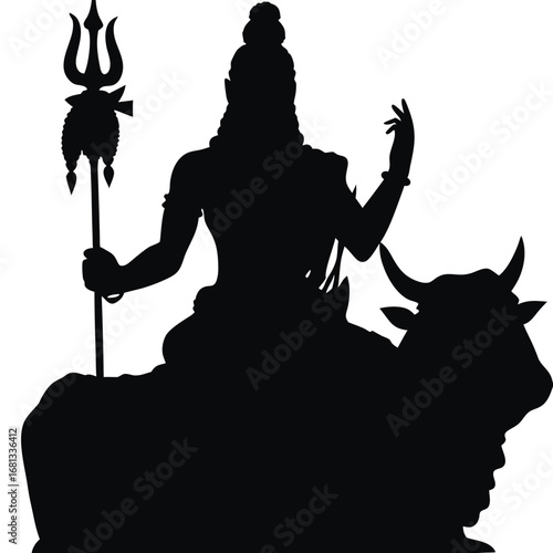Silhouette of Hindu God Shiva Seated on Nandi the Bull Holding a Trident Religious Iconography and Spiritual Symbolism