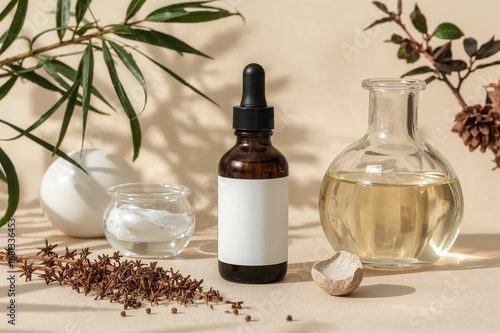 Wallpaper Mural Organic botanical serum oil in lab glassware, natural skincare beauty product with blank cosmetic spa label for branding Torontodigital.ca
