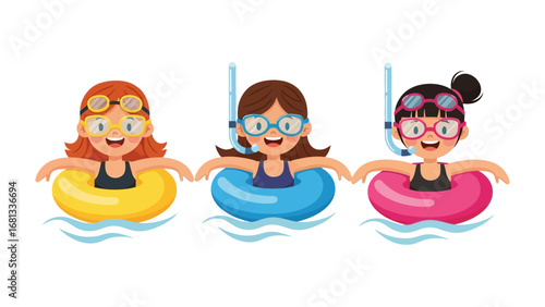 Summer Fun in the Water: Joyful illustration of three young girls, each with goggles and a swim ring, frolicking in the pool, enjoying the warmth of summer.