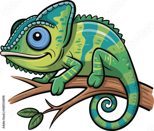 Cartoon chameleon vector illustration, colorful reptile on branch, kids animal drawing, jungle wildlife character, nature design, children content