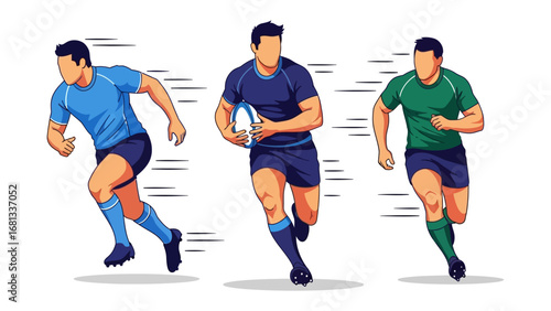 Rugby Players in Action: Dynamic illustration of three rugby players engaged in a spirited game, showcasing speed, agility, and teamwork, embodying the essence of athletic prowess and competition.
