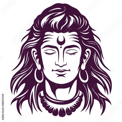 Lord Shiva Artwork Majestic Illustration of the Hindu Deity with Closed Eyes and Long Hair Purple Tones and Spiritual Depiction