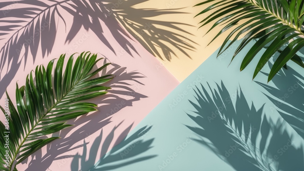Naklejka premium Shadowed tropical palm fronds on a soft pastel background with room for writing