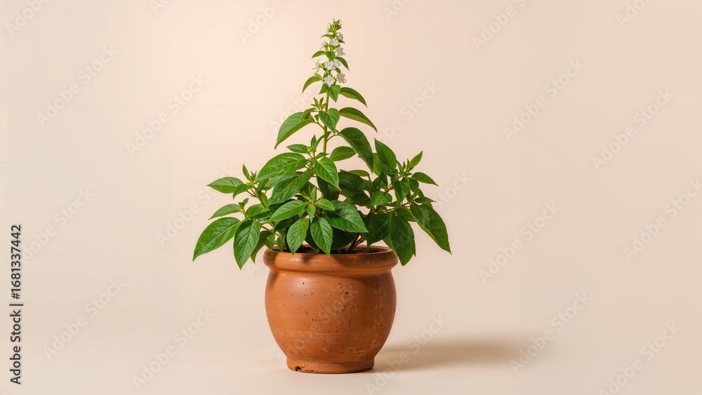 Fototapeta premium Potted green Tulsi herb