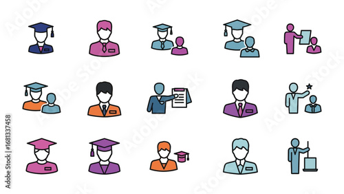 Education and Learning: A set of illustrations depicting diverse aspects of education, encompassing both individual learners and interactive learning environments, all rendered in a modern.