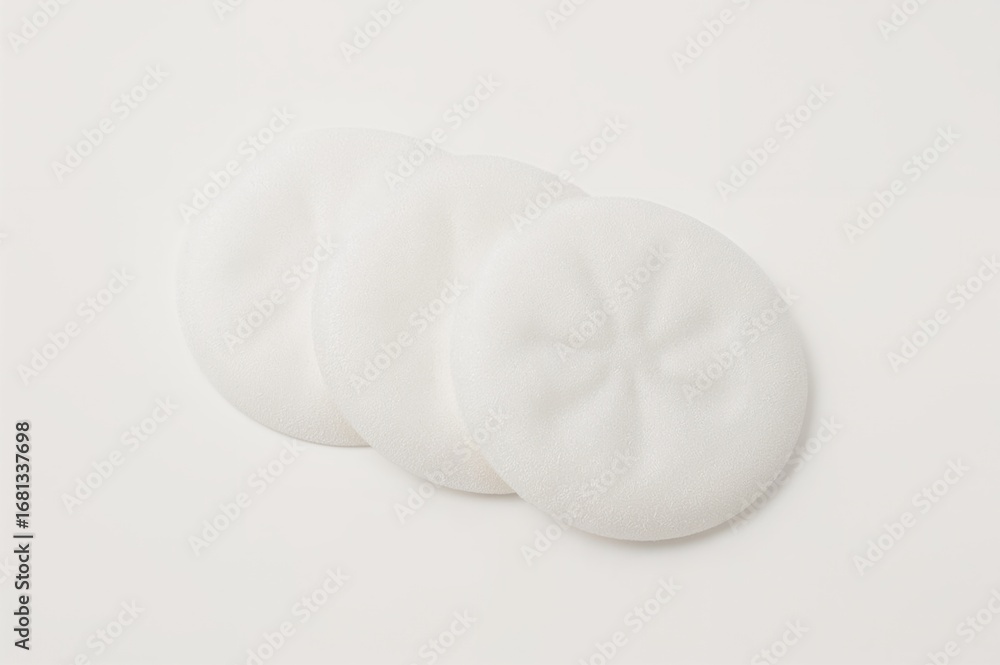 Fototapeta premium Disposable cotton pads for facial cleansing and skin care on a plain white surface.