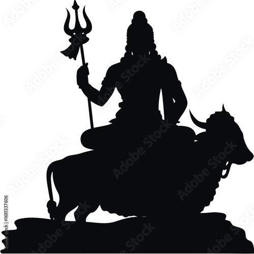 Majestic Silhouette of Lord Shiva Riding Nandi with Trident Symbolizing Power and Divine Grace in Hindu Mythology and Spiritual Art