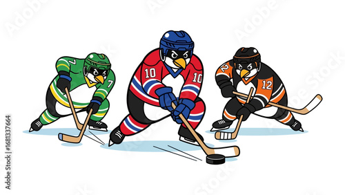 Ice Hockey Penguins: A vivid illustration showcases three penguins, each donned in dynamic hockey attire, intensely focused on the game, with the puck in play, capturing action and energy.