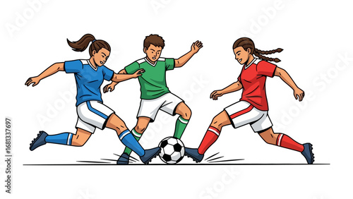 Soccer Showdown: Dynamic illustration captures the intensity of a soccer match, with players in vibrant uniforms battling for control of the ball on a simplified green field.