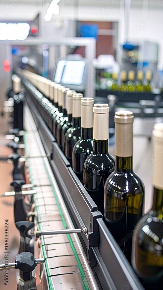 Obraz premium Wine Bottles on Conveyor Belt in Modern Winery.