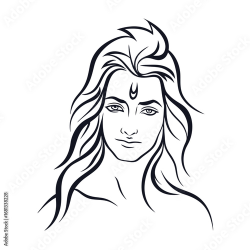Serene Gaze of Divinity A Line Art Portrait of a Hindu God with Flowing Hair and Third Eye