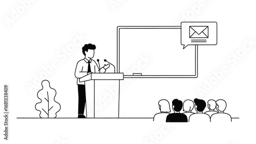 The Art of Oratory: A captivating black and white illustration captures a charismatic presenter addressing an engaged audience during a corporate seminar.