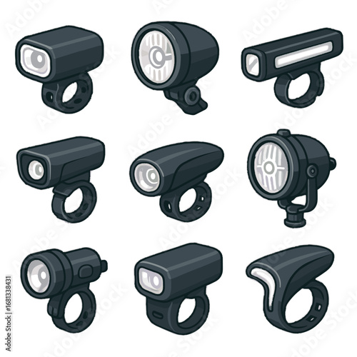 Lamp collection vector round stylish headlamp light performance bicycle thin icon front