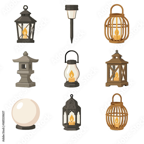 Lantern garden light icon hanging japanese glass candle led vector collection patterned