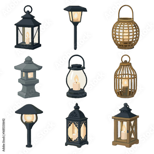 Cage hurricane vector stone lantern decorative hanging led garden collection lamp icon
