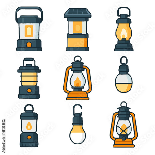 Camping outdoor lantern vector compact led collection oil lamp vintage icon