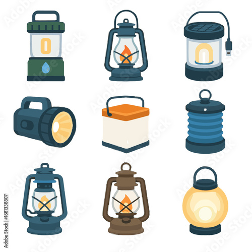 Collection hurricane charger lantern usb vector icon lamp oil solar camping