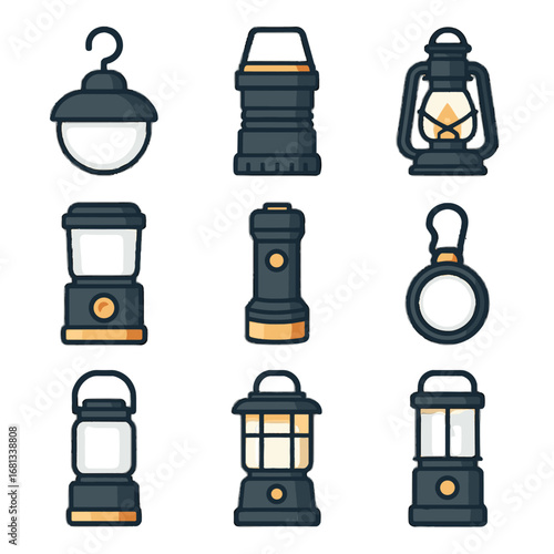 Led lightweight icons dimmer lamp camping outdoor lantern light icon vector