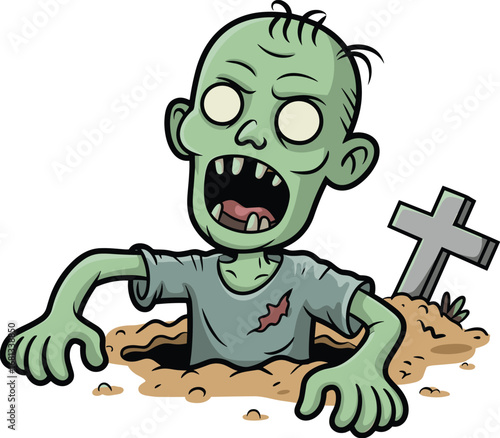 Cartoon zombie rising, graveyard scene, horror character, Halloween vector, creepy undead, scary monster, green skin, comic style, spooky theme