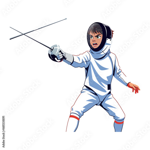 Fencing Duel: An artistic illustration of a fencer poised for a thrilling bout. Displaying competitive spirit and athletic prowess in the sport of fencing. 