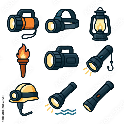 Mountaineering hiking fishing collection vector survival boating outdoor patrol camping torch icon