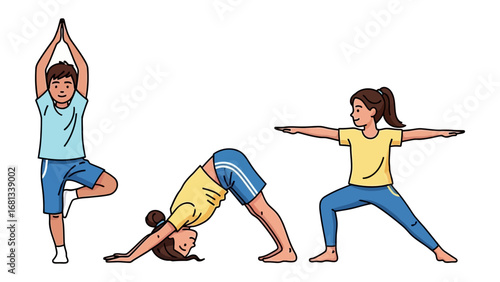 Yoga Poses: A collection of three unique individuals, captured in line art. Each character embodies serenity and fitness, executing diverse yoga postures.
