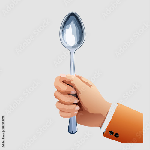 Hand Holding a Silver Spoon Against a Neutral Background