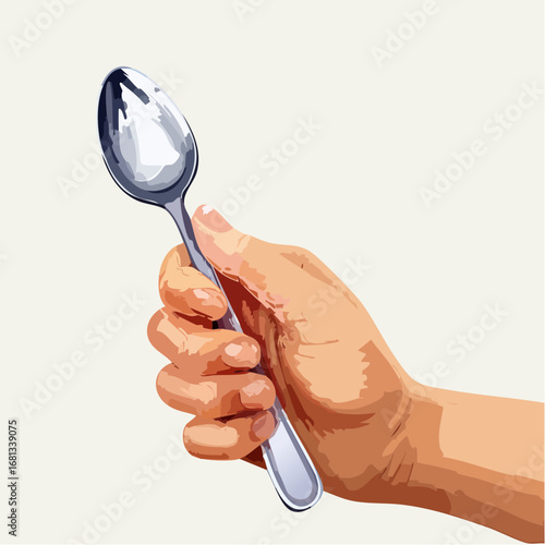 Hand Holding a Silver Spoon Against a White Background