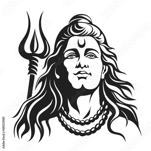 Monochrome Illustration of Lord Shiva Holding a Trident Symbolic Representation of Hindu Divinity and Spiritual Significance in Black and White