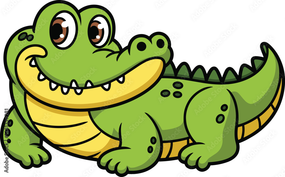 Naklejka premium Crocodile, cartoon, vector, green, smiling, animal, character, cute, playful, illustration, reptile, kids, friendly, teeth, tail, yellow belly, expressive, underwater, fun, stylized