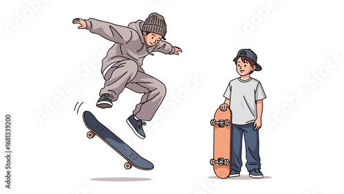 Skateboarders in Action: Dynamic illustration of a skateboarder performing a jump with a curious onlooker witnessing the athletic feat. 