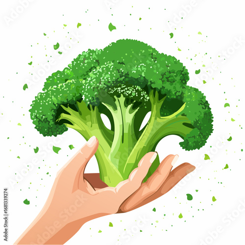 Hand Holding Fresh Green Broccoli Against White Background