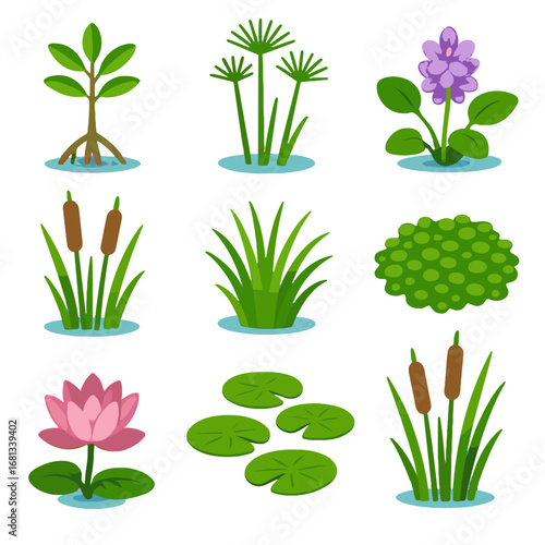 Flowers bulrush duckweed saplings hyacinth clusters vegetation icons marsh blooms vector icon