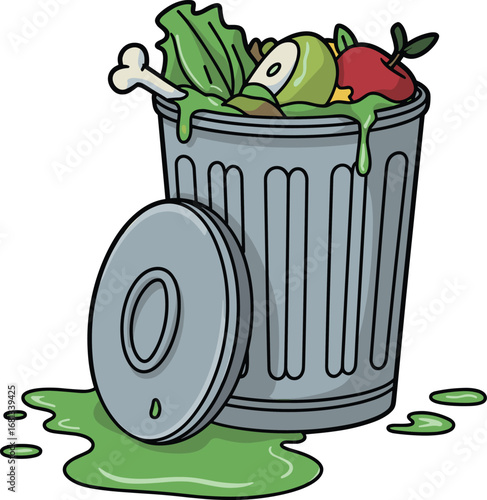 Overflowing trash can cartoon, garbage illustration, waste disposal concept, dirty container, food scraps, green slime, messy refuse, digital drawing, pollution theme