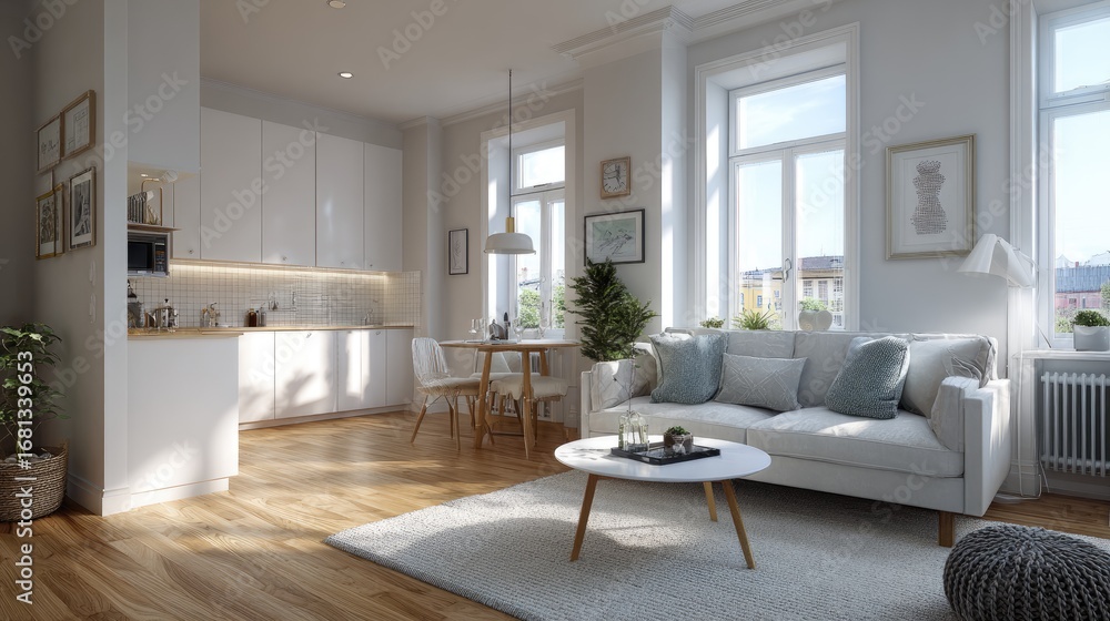 Fototapeta premium Scandinavian style studio apartment, oak flooring, white minimal kitchen, cozy sofa, soft daylight, photorealistic