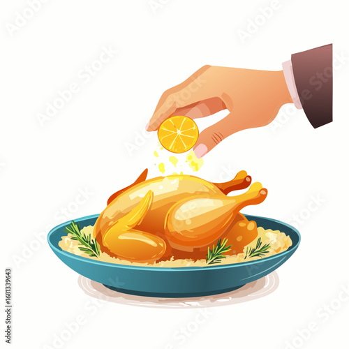 Hand Squeezing Orange Slices Over Roasted Chicken on Teal Plate