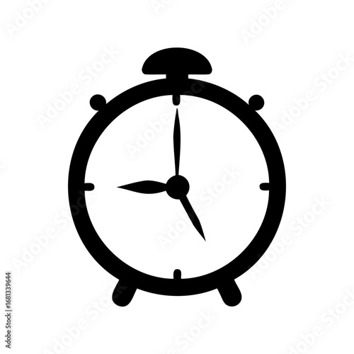 Alarm Clock Icon - Black silhouette icon of a classic alarm clock with bells on top and simple clock hands, representing time, waking up, schedule, punctuality, and reminders.