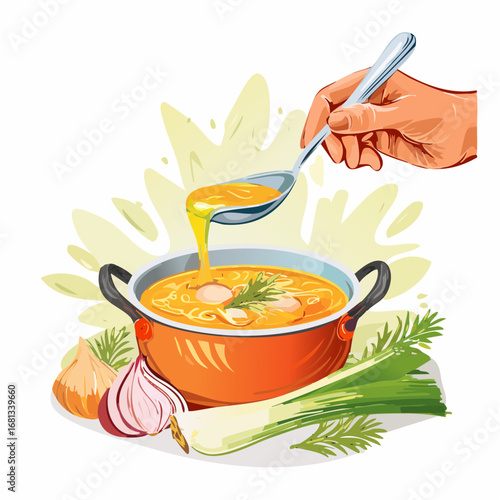 Hand Pouring Oil into Orange Pot of Vegetable Soup