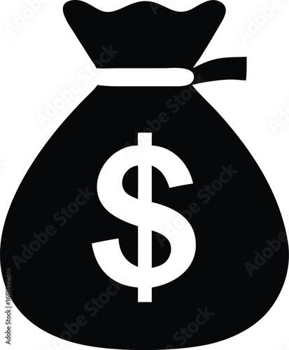 Iconic black and white money bag with dollar sign representing wealth and finance