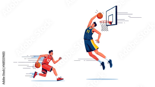 Basketball action: Energetic digital illustration of a basketball player soaring through the air, executing a gravity-defying dunk, capturing the dynamism and exhilaration of the sport.