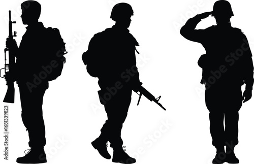 Soldier silhouettes, military figures, standing poses, saluting gesture, rifle in hand, combat gear, vector illustration, black and white, war concept, honor