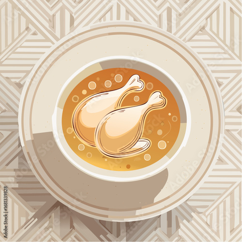Overhead View of Chicken Legs in Broth on a Beige Plate