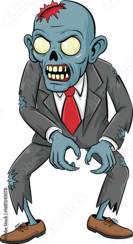 Zombie, cartoon, vector, business suit, undead, blue skin, glowing eyes, horror, funny, monster, character, Halloween, creepy, claw, illustration, scary, tattered, office, surreal, grotesque