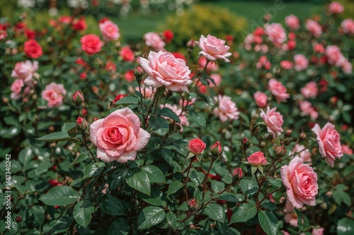 A cluster of pink and red roses blooming in a natural setting